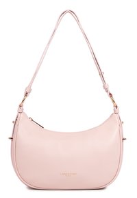 Sac à bandoulière en cuir rose clair avec ferrures dorées, fermeture éclair incurvée sur le dessus, et "Lancaster Paris" embossé en or au centre avant.