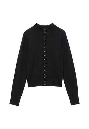 Cardigan noir à manches longues avec de petits boutons blancs au centre et un col et un bas côtelés, présenté sur fond blanc.