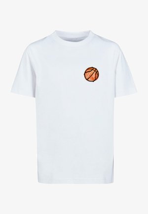 Balta medvilninė trumpa rankovė T-shirt su oranžiniu krepšinio grafiku ir tekstu "Gatvės yra mano" juodu kontūru.