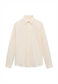 Light yellow button-up shirt featuring a collared neck, long sleeves, and vertical stripe pattern. Made of soft fabric.