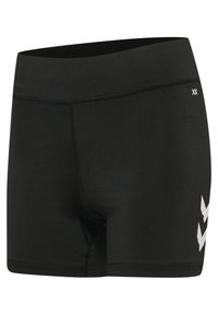 Zwarte sportshorts met een gladde textuur, voorzien van een hoge tailleband en witte geometrische accenten aan de zijkant. Versterkte stiksels zichtbaar.