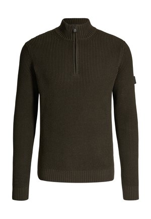Donkergroene gebreide trui met lange mouwen, geribbelde manchetten en zoom, en een korte rits bij de hoge kraag.