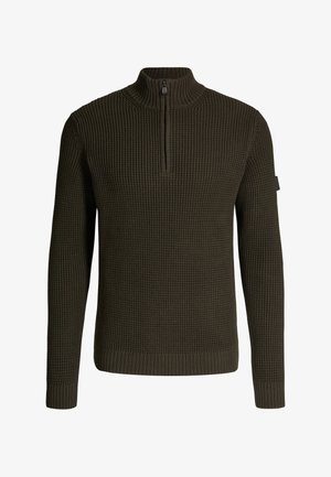 Donkergroene gebreide trui met lange mouwen, geribbelde manchetten en zoom, en een korte rits bij de hoge kraag.