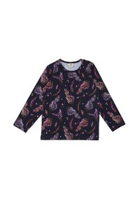 Marineblaue Langarmshirt mit floralem Muster in Pink- und Lilatönen, Rundhalsausschnitt und weichem, strukturiertem Stoff.