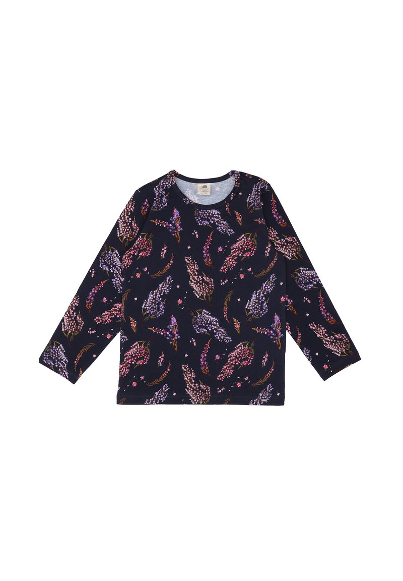 Marineblaue Langarmshirt mit floralem Muster in Pink- und Lilatönen, Rundhalsausschnitt und weichem, strukturiertem Stoff.