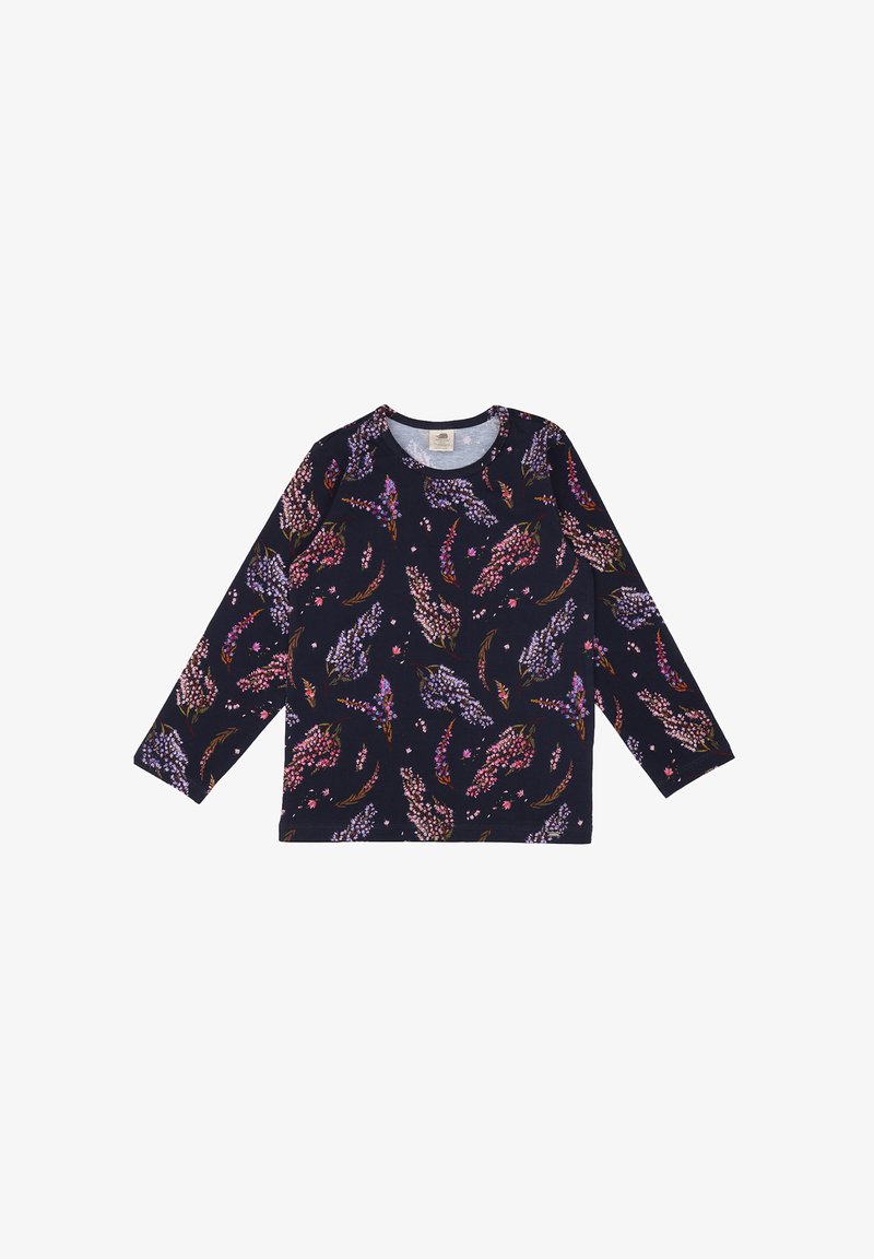 Marineblaue Langarmshirt mit floralem Muster in Pink- und Lilatönen, Rundhalsausschnitt und weichem, strukturiertem Stoff.