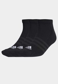 Chaussettes noires mi-mollet en pack de trois, avec texture côtelée, logo blanc et deux motifs de rayures horizontales sur chaque chaussette.