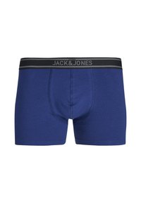 Navyblauwe boxershorts met een zwarte tailleband waarop "JACK & JONES" in het grijs staat. Gemaakt van zachte stof, met een strakke pasvorm en een centrale pouch.