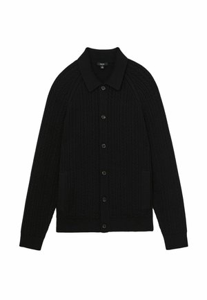 Sort kabelstrikket cardigan med knapper, krave og to forlommer, lange ærmer samt ribbede manchetter og kant.