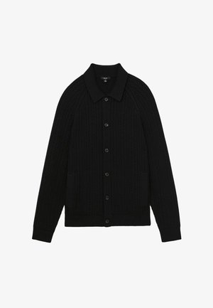 Fekete, cable knit anyagú, galléros, gombos kardigán, két elülső zsebbel, hosszú ujjal, bordázott mandzsetta és alj.