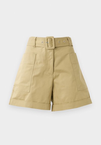 Khaki-Shorts mit einem gecohten Taillenbund, umgeschlagenen Säumen und zwei seitlichen Taschen. Hergestellt aus robustem Baumwollstoff mit glatter Textur.