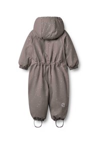 Grijze kinderensneeuwpak met een capuchon, voorzien van witte sterrenpatronen, elastische manchetten, een elastische taille en een ronde logo op het linkerpant.