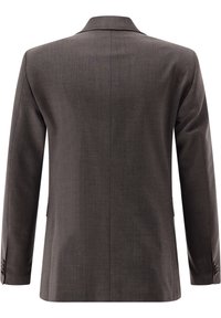 Dunkelbraune Herrenblazerjacke, Rückansicht, mit langen Ärmeln, Reverskragen und Knopfmanschetten.