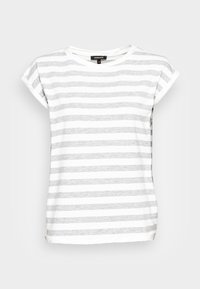 Gestreepte t-shirt met korte opgerolde mouwen. Kenmerkt zich door lichtgrijze en witte horizontale strepen, zachte katoenen stof en een ronde halslijn.