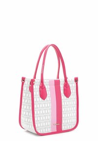Petit sac à main blanc avec un monogramme rose à motif, deux rayures verticales roses et des poignées roses.