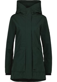 Tmavě zelená voděodolná parka s vysokým límcem, předním zipem a dvěma velkými předními kapsami. Hladká textura a minimalistický design.