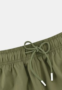 Shorts verts avec une taille élastique et un cordon de serrage. Le cordon de serrage est doté de deux embouts blancs. Tissu lisse avec une texture subtile.