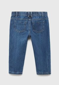Sinisiä denim-farkkuja, joissa on kapea lahje, joustava vyötärö ja kaksi takataskua. Kangas on hieman teksturoitu.