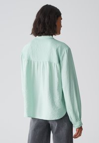 Camicia a maniche lunghe verde menta chiaro in tessuto texturizzato, con orlo curvo e polsini con bottoni. Presenta un dettaglio di yoke arricciato sul retro.