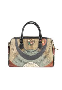 Flerfärgad handväska med ett cirkelformat design, med en texturerad yta, svarta läderhandtag och dragkedjestängning. Noterbara grafiska mönster finns.