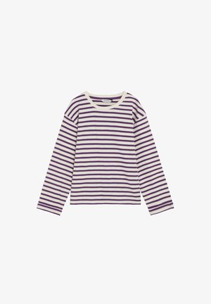 Camiseta de manga larga con cuello redondo y rayas horizontales en púrpura y blanco, hecha de tela suave, colocada extendida sobre un fondo blanco.