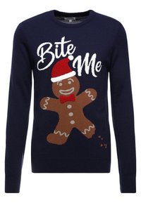 Pull en tricot bleu marine avec un design de bonhomme en pain d'épice portant un chapeau de Noël rouge, le texte blanc "Mords-moi" et des accents marron clair.