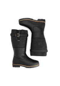 Zwarte leren kniehoge laarzen met een gespdetail, een gestructureerde afwerking, een rubberen zool met profiel en contrasterende beige stiknaden langs de rand.