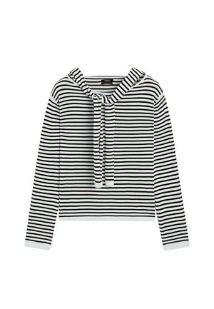 Černobílé tričko s dlouhým rukávem s vodorovnými pruhy a zavázaným uzlem u výstřihu na bílém pozadí.