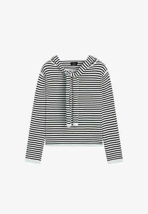 Schwarz-weiß gestreiftes Langarmshirt mit Knoten-Detail am Ausschnitt vor weißem Hintergrund.