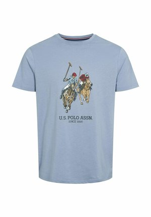 Niebieski bawełniany t-shirt z grafiką dwóch graczy polo na koniach, z napisem "U.S. POLO ASSN. SINCE 1890" poniżej.