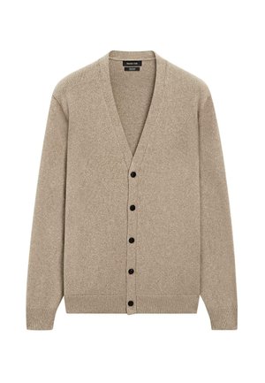 Beige V-hals knappet cardigan med lange ærmer og ribstrikkede manchetter og kant, lavet af strikket bomuldsstof.