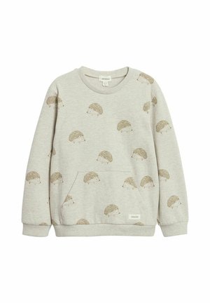 Lysegrå børnesweatshirt med små brune pindsvineprints over det hele og fremadvendt kængurulomme.