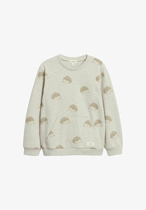 Jasnoszara dziecięca bluza z nadrukiem małych brązowych jeży na całej powierzchni oraz kieszenią kangurką z przodu.
