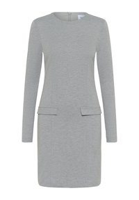 Gray long-sleeve dress with a round neckline, featuring two front pockets and a back zipper. Smooth fabric with a textured appearance.
