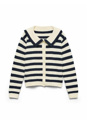 Svītrains kardigans krēmkrāsā un tumši zilā krāsā, ar lielu apkakli, priekšpusi ar pogām un garām piedurknēm ar ribotiem aprocēm. Mīksta tekstūra.