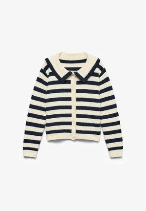 Cardigan rayé crème et bleu marine, doté d'un large col, d'une fermeture à boutons sur le devant, et de manches longues avec poignets côtelés. Texture douce.