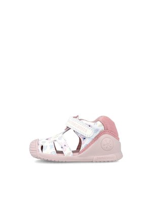 Sandalias para niños en color rosa y blanco con un patrón floral, diseño abierto, correa de Velcro, suela de goma y punta reforzada.