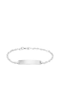 Bracciale in argento con design a catena intrecciata e una piastra centrale piatta per la personalizzazione. Finitura liscia, chiusura con clasp regolabile.
