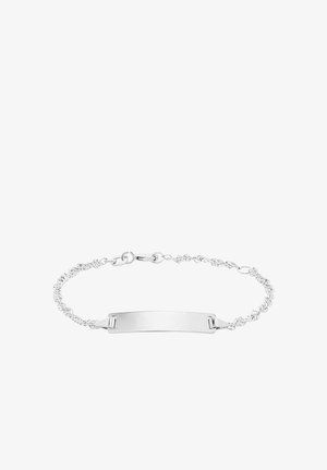 Pulsera de plata con un diseño de cadena trenzada y una placa plana central para personalización. Acabado suave, cierre de clasp ajustable.