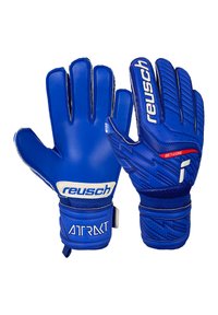 Guanti da portiere blu con palmo in lattice liscio, dorso testurizzato con un motivo a diamante e un resistente cinturino elastico al polso.