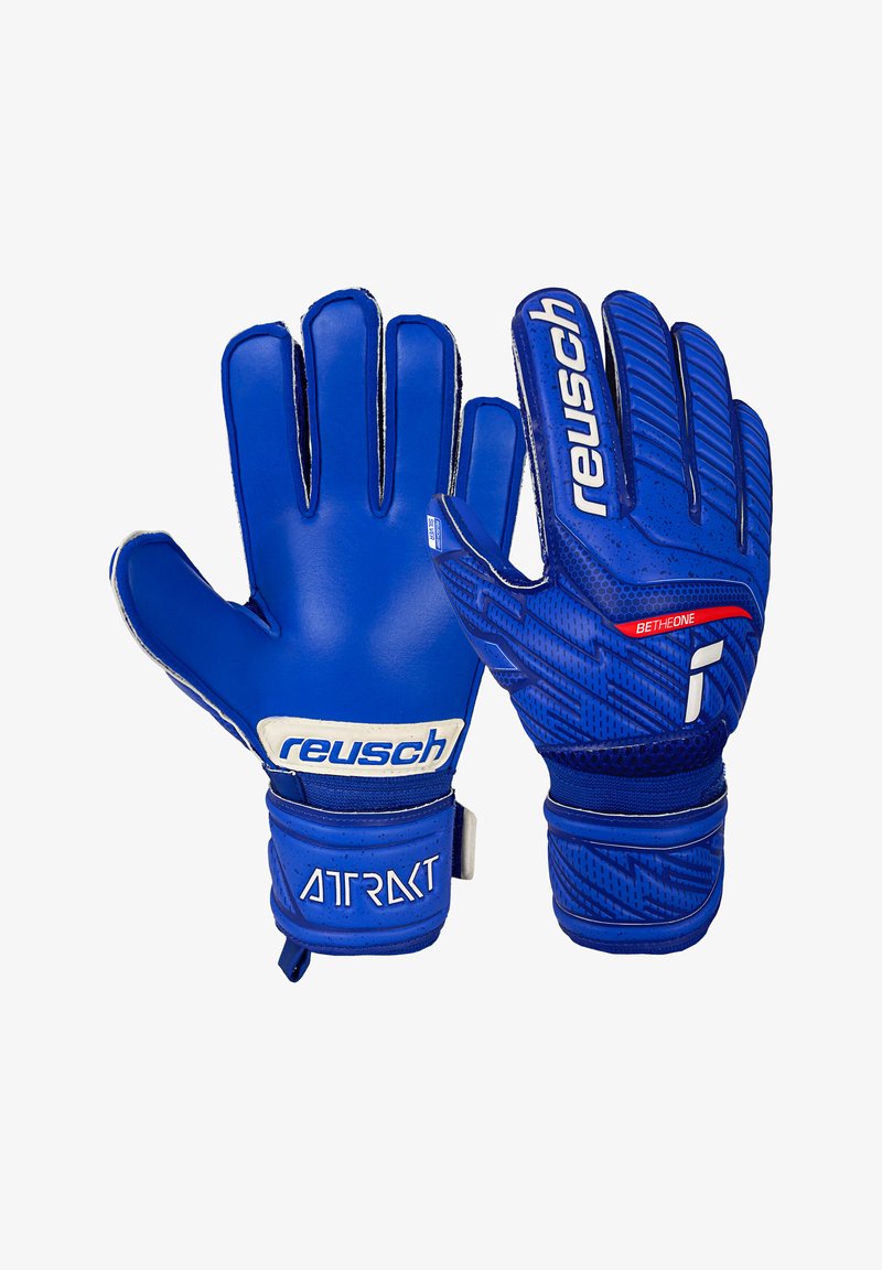 Blaue Torwarthandschuhe mit einer glatten Latex-Handfläche, einer strukturierten Rückhand im Diamantmuster und einem strapazierfähigen elastischen Handgelenkband.