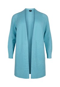Hellblauer Strickcardigan mit offener Vorderseite. Lange Ärmel, die an den Handgelenken schmaler werden, mit einer subtilen Textur im ganzen Kleidungsstück. Keine sichtbaren Verschlüsse.