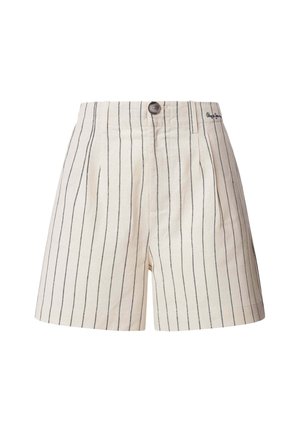 Linned shorts med lodrette sorte striber, der har en frontlukkeknap, plisseringer og sidelommer; overvejende cremefarvet.