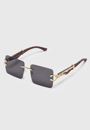 Rechteckige, dunkel getönte Sonnenbrille mit goldener Metallbrücke und Scharnieren sowie dunkelbraunen, gebogenen Bügeln mit goldenen dekorativen Akzenten.