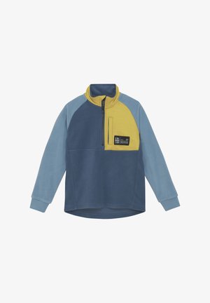 Pullover in pile di colore blu navy, blu e giallo. Presenta una zip a metà, maniche raglan e una tasca sul petto con etichetta del logo. Texture morbida.