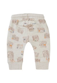Lichtbeige katoenen broek met een cameraprint in bruine en oranje tinten. Elastische taille en geribbelde enkelmanchetten. Casual pasvorm.