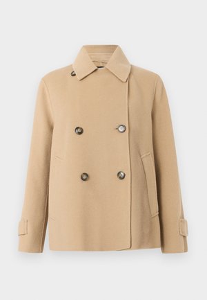 Beige uld dobbeltbrystet frakke med fire mørke knapper, notch-krave, sidelommer og justerbare manchetter.