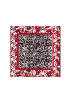 Quadratisches Seidentuch mit einem zentralen Leopardenmuster auf beigem Hintergrund, umrandet von roten und floralem Mustern mit weißen und schwarzen Akzenten.