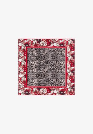 Quadratisches Seidentuch mit einem zentralen Leopardenmuster auf beigem Hintergrund, umrandet von roten und floralem Mustern mit weißen und schwarzen Akzenten.