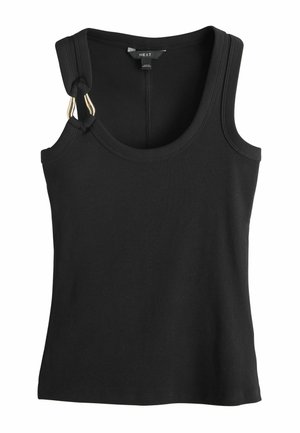 Juodas ribotas tanko viršus su apvaliu kaklo iškirpimu ir unikaliu auksinio tono aparatūros detalė ant vieno petnešos. Pagamintas iš tamprios medžiagos patogumui.